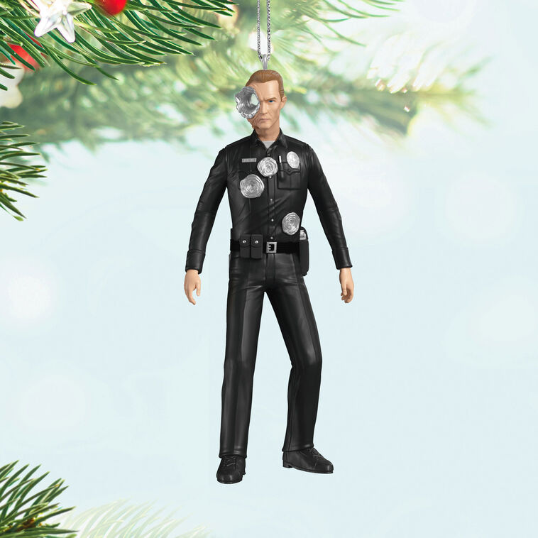 T-1000 Terminator ornament in black police uniform with liquid-metal sculpting from Judgment Day.