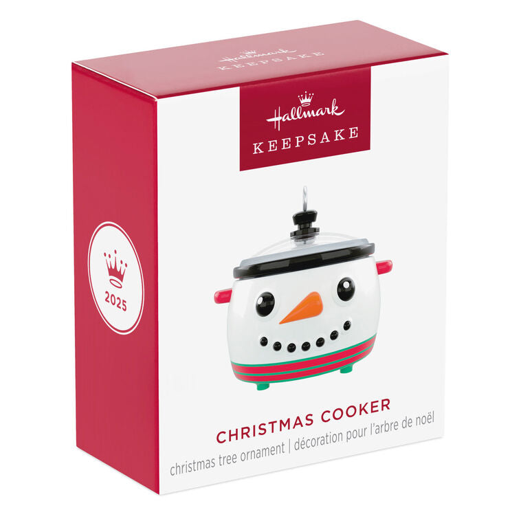 Mini slow cooker Christmas ornament with snowman face, red and green accents, Hallmark Keepsake holiday collectible