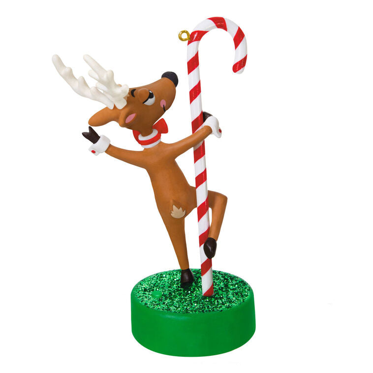 Reindeer Christmas ornament wearing red bow tie dancing around candy cane pole, with sound and battery operated

