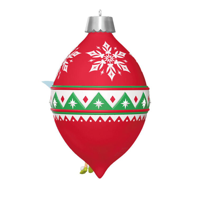 Hallmark Keepsake Disney Tinker Bell Trimming the Tree Ornament with Tink on red and green ornament, lights up with button.