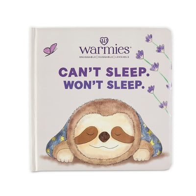 Warmies Can't Sleep Won’t Sleep board book with padded cover and rounded edges, designed for young children.