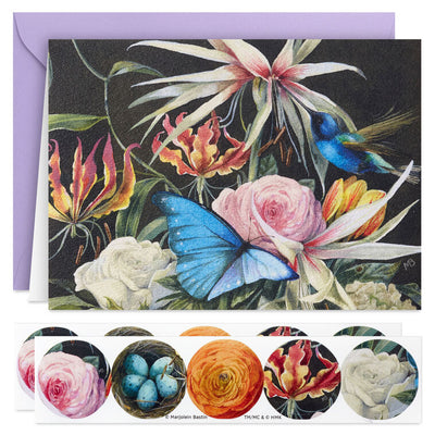 Elegant floral note cards by Marjolein Bastin on black background with coordinating round floral and robin’s egg seal stickers.
