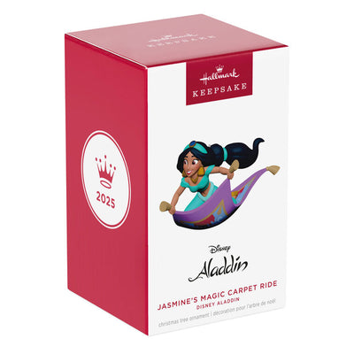 Hallmark Keepsake Disney Jasmine rides magic carpet ornament, turquoise outfit, purple and gold carpet, Christmas tree decoration