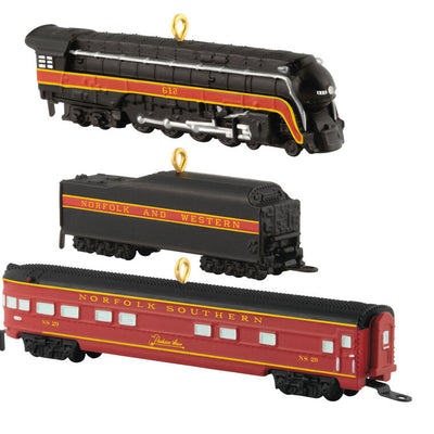 Hallmark Keepsake Mini Lionel Norfolk and Western Passenger Set ornaments—black steam engine, tender car, and red/yellow passenger car, set of three
