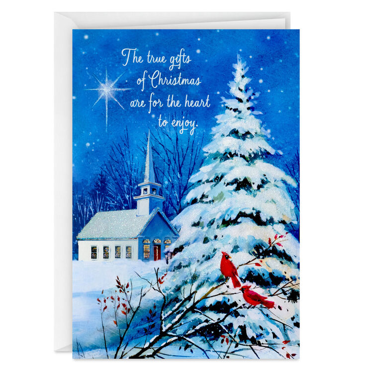 DaySpring Wintry Night With Cardinals and Church Boxed Christmas Cards, Pack of 16