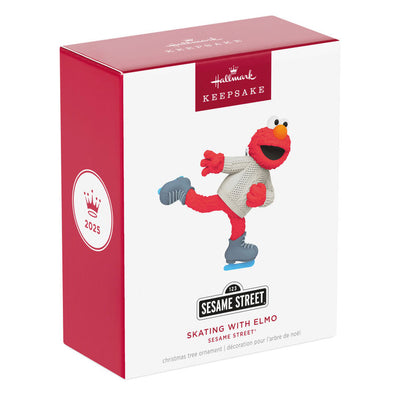 Elmo from Sesame Street ice-skating in a white cable-knit sweater, Hallmark Keepsake ornament, Christmas tree decoration for kids and fans.