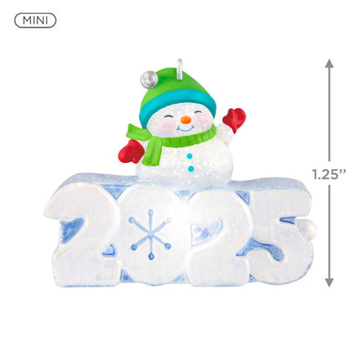 Glittery snowman in green hat and scarf atop snow-sculpted 2025, light-up mini Hallmark Christmas ornament, holiday collectible
