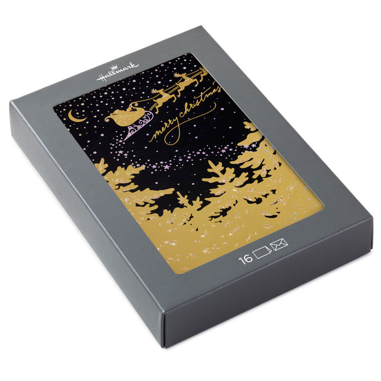 Gold Sleigh in Dark Sky Boxed Christmas Cards, Pack of 16