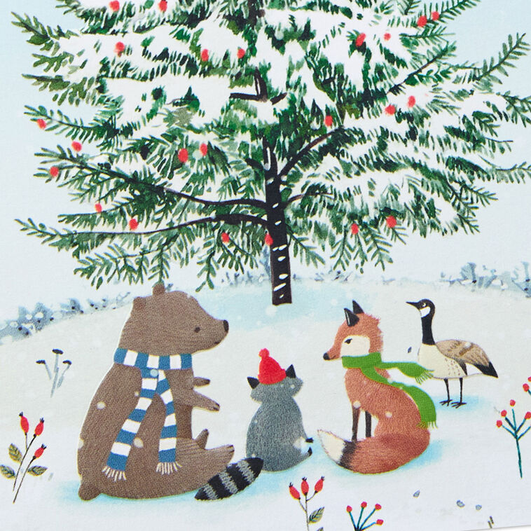 Woodland Critters Around a Snowy Tree Packaged Christmas Cards, Set of 5