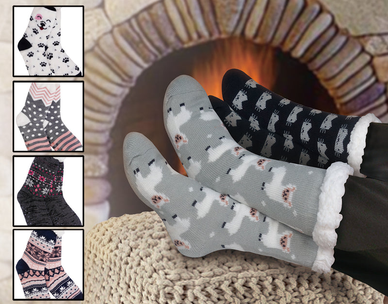 Thermal slipper socks with woodland animals and wintry patterns in gray, pink, and navy colors, fleece-lined.