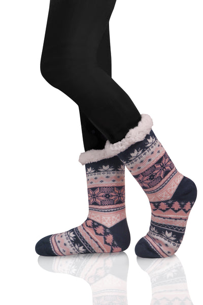 Thermal slipper socks with woodland animals and wintry patterns in gray, pink, and navy colors, fleece-lined.