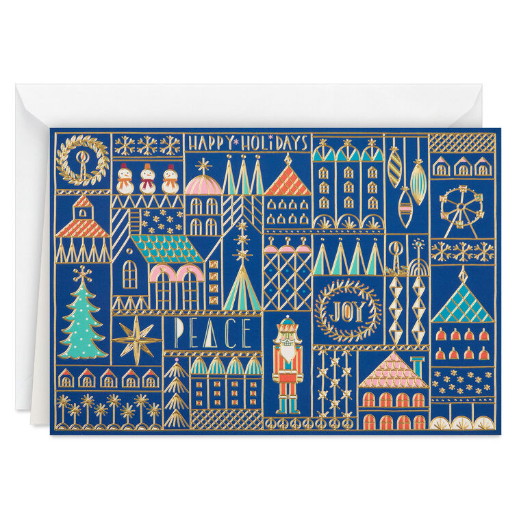 UNICEF Geometric Christmas Village on Blue Boxed Christmas Cards, Pack of 12