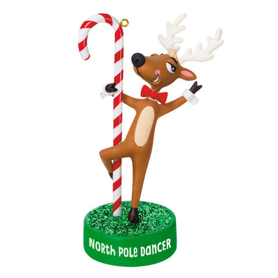 Reindeer Christmas ornament wearing red bow tie dancing around candy cane pole, with sound and battery operated

