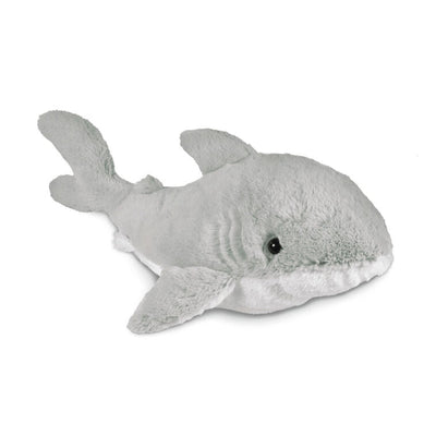 Gray and white plush shark toy with soft fabric and floppy fins, perfect for ocean-loving kids and nautical-themed nurseries.