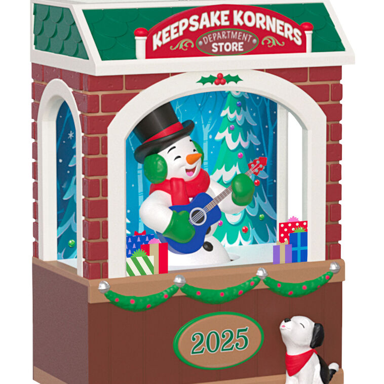 Snowman playing guitar with barking puppy in store window, Hallmark Rockin&