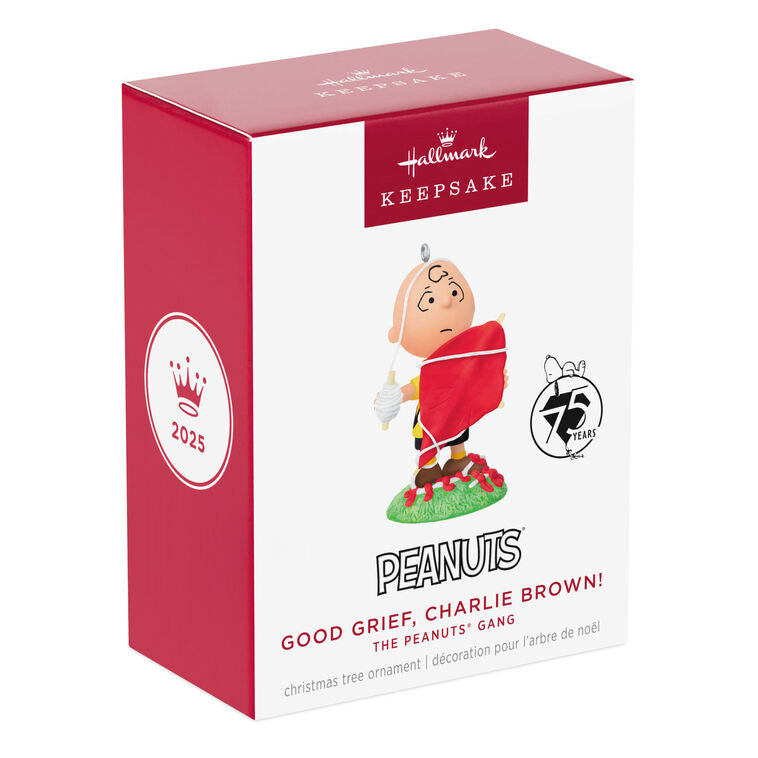 Mini Charlie Brown ornament tangled in red kite string, celebrating 75th anniversary, Hallmark Peanuts Christmas collectible
