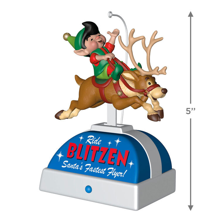 Elf riding Blitzen the reindeer musical ornament with motion, playing "William Tell Overture" holiday keepsake.

