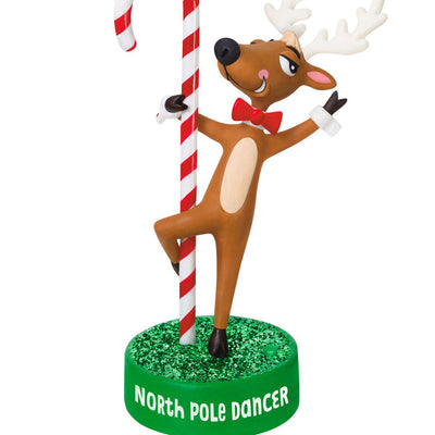 Reindeer Christmas ornament wearing red bow tie dancing around candy cane pole, with sound and battery operated

