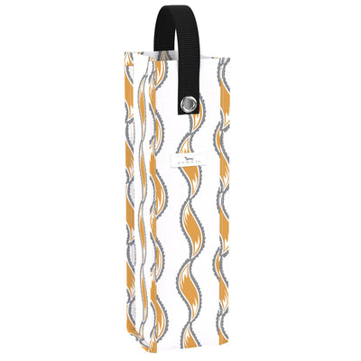 Silver reusable wine bag with handles and grommets for ribbon or gift tag, folds flat and fits wine, olive oil, or small gifts.