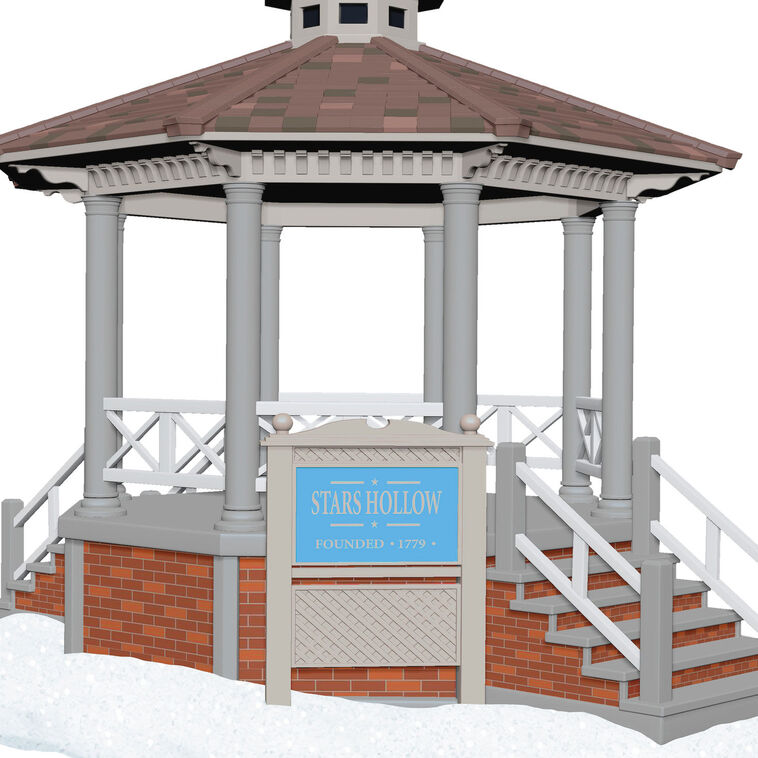 Stars Hollow gazebo ornament, Gilmore Girls TV show, musical, Hallmark Keepsake, Christmas tree decoration, snowy town square collectible.