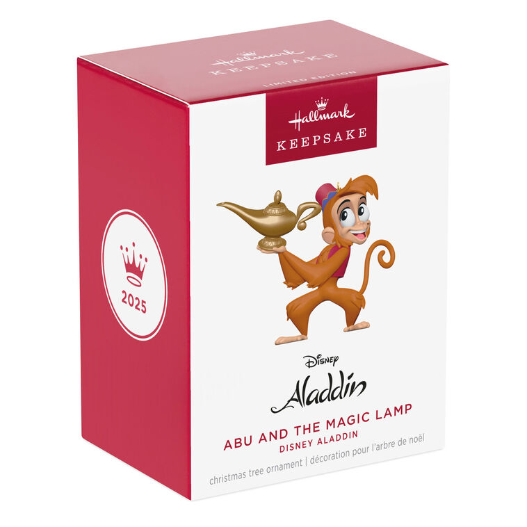 Abu the monkey from Disney’s Aladdin holding the magic lamp in a festive Christmas tree ornament