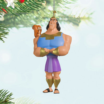 Kronk from The Emperor's New Groove holding Bucky the squirrel Christmas ornament, Hallmark Keepsake, Disney, 2025 limited edition.