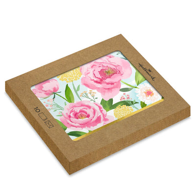 Pink and yellow floral note cards with green leaves on a sky-blue background, framed with gold foil border.
