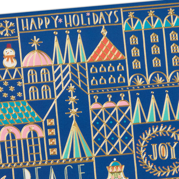 UNICEF Geometric Christmas Village on Blue Boxed Christmas Cards, Pack of 12