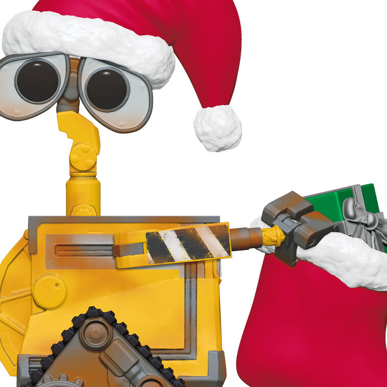 Wall-E Christmas ornament wearing Santa hat and holding red holiday stocking with a gift