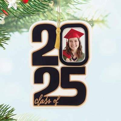 Porcelain ornament with black and white “2025” block numbers, gold accents, red graduation cap, and a photo frame for Class of 2025 graduate.