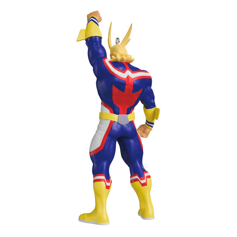 All Might Christmas tree ornament in hero pose from My Hero Academia, featuring yellow hair, red-blue suit, and raised fist.