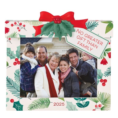 2025 Christmas photo frame ornament shaped like a wrapped gift box with festive bow and sweet message

