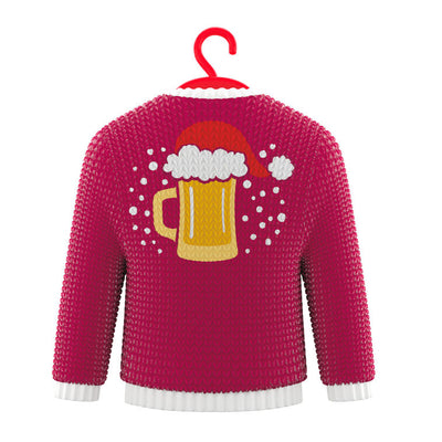 Red Christmas sweater ornament with beer mugs, bottles, and string lights design.


