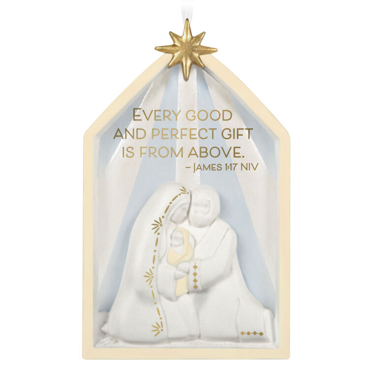 Porcelain nativity ornament with Holy Family, Star of Bethlehem, white and gold design, scripture verse, Christmas decor

