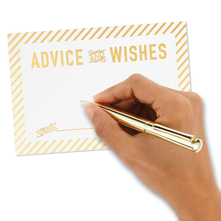 Gold foil flat note cards with white backgrounds and abstract borders, labeled “Advice and Wishes,” boxed with envelopes.
