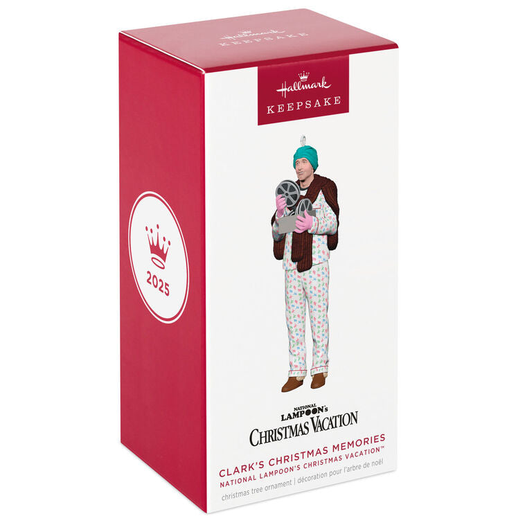 Hallmark Keepsake ornament of Clark Griswold in pajamas, fur stole, gloves, and turban holding a projector from National Lampoon&