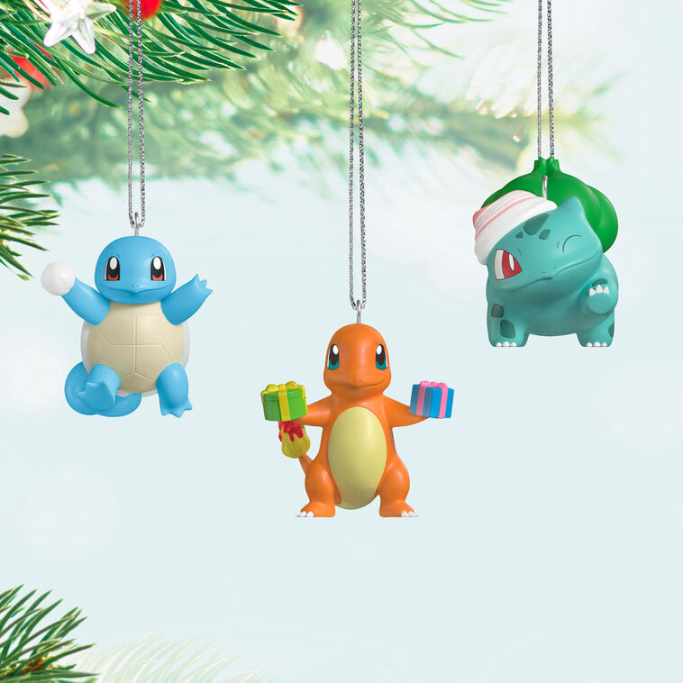 Hallmark Keepsake Mini Pokémon ornaments set—Squirtle, Charmander, Bulbasaur in holiday outfits, with gifts, snowball, and stocking cap, set of three