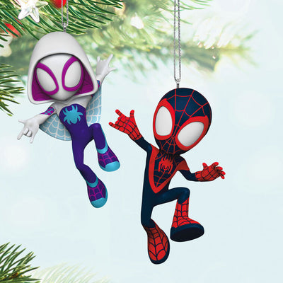 Spidey and His Amazing Friends ornament set, Spin and Ghost-Spider, Marvel characters, Hallmark Keepsake, Christmas tree decoration.