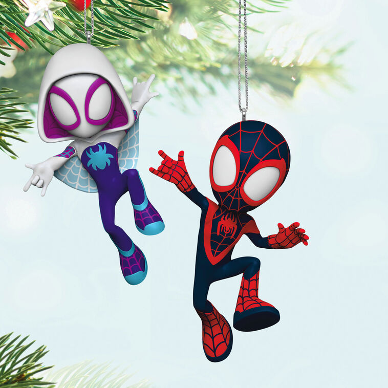 Spidey and His Amazing Friends ornament set, Spin and Ghost-Spider, Marvel characters, Hallmark Keepsake, Christmas tree decoration.