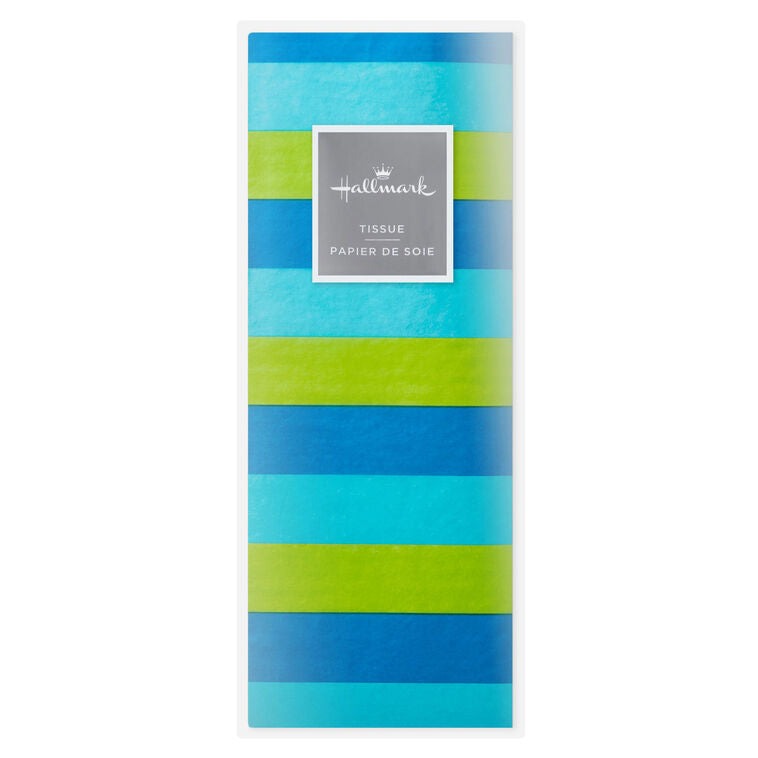 Hallmark tissue paper in bold horizontal stripes of royal blue, aqua, and green, shown both flat and fluffed in a white gift bag.