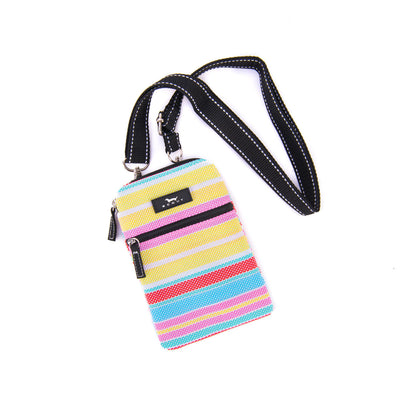 SCOUT Poly Pocket crossbody in One in a Melon print with two zippers, breathable fabric, and adjustable strap for everyday essentials.