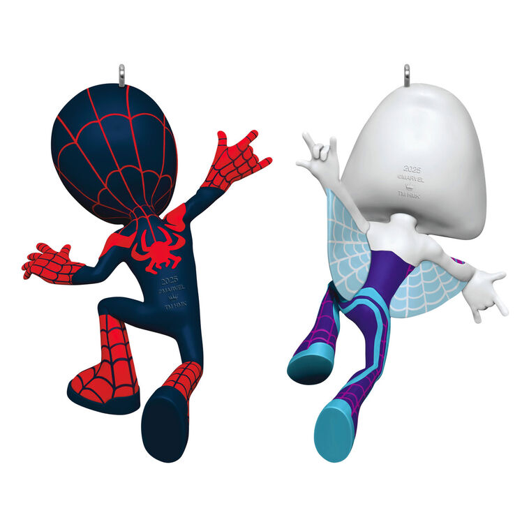 Spidey and His Amazing Friends ornament set, Spin and Ghost-Spider, Marvel characters, Hallmark Keepsake, Christmas tree decoration.
