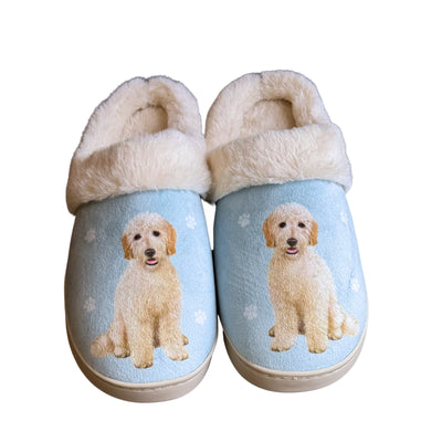 Goldendoodle dog slippers with plush golden fur texture, floppy ears, and non-slip soles—cozy loungewear for dog lovers and pet enthusiasts