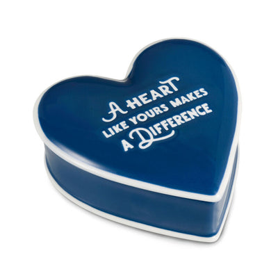 Hallmark heart-shaped blue ceramic trinket dish with white debossed quote on the lid.