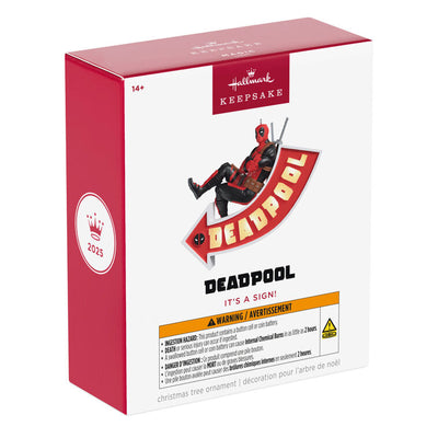Deadpool ornament, Marvel character in red and black suit, arrow sign marquee, Hallmark Keepsake, Christmas decoration, light-up feature.