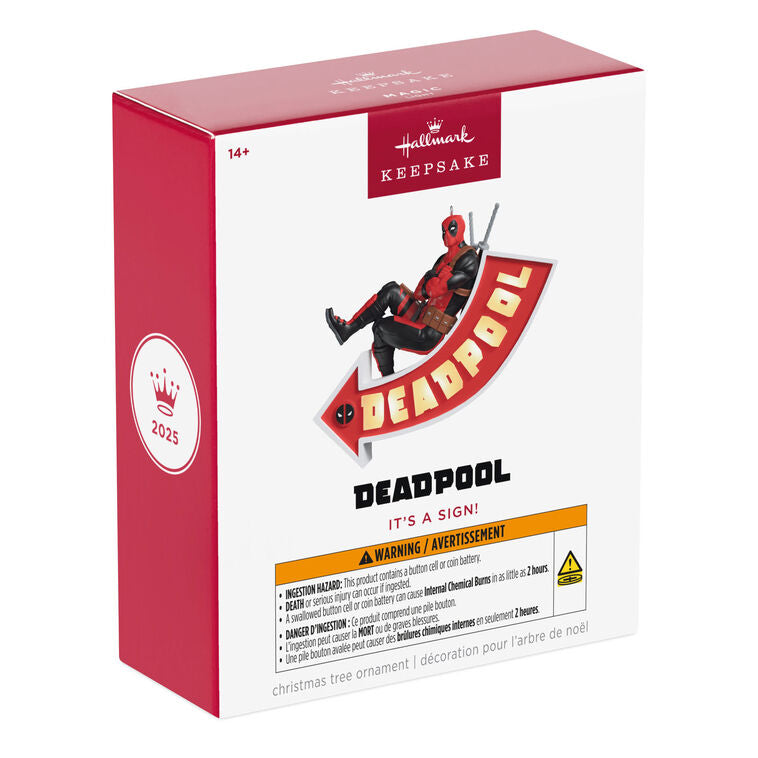 Deadpool ornament, Marvel character in red and black suit, arrow sign marquee, Hallmark Keepsake, Christmas decoration, light-up feature.