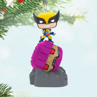 Wolverine Funko POP ornament, Marvel X-Men, defeating Sentinel, light-up eyes, Hallmark Keepsake, Christmas tree decoration.