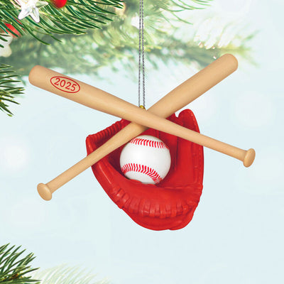Red baseball glove ornament with 2025 baseball and crossed bats, celebrating the season’s MVP or favorite coach.