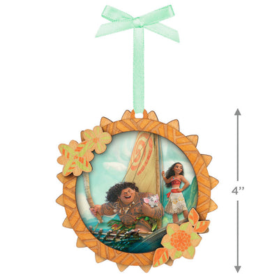 Hallmark Keepsake Disney Moana Setting Sail Papercraft Ornament with Moana, Maui, and Pua in boat, tropical flower frame.