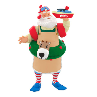 Santa in snorkel mask, arm floaties, and striped socks, with reindeer swim tube and toy boat marked 2025, Hallmark Keepsake ornament